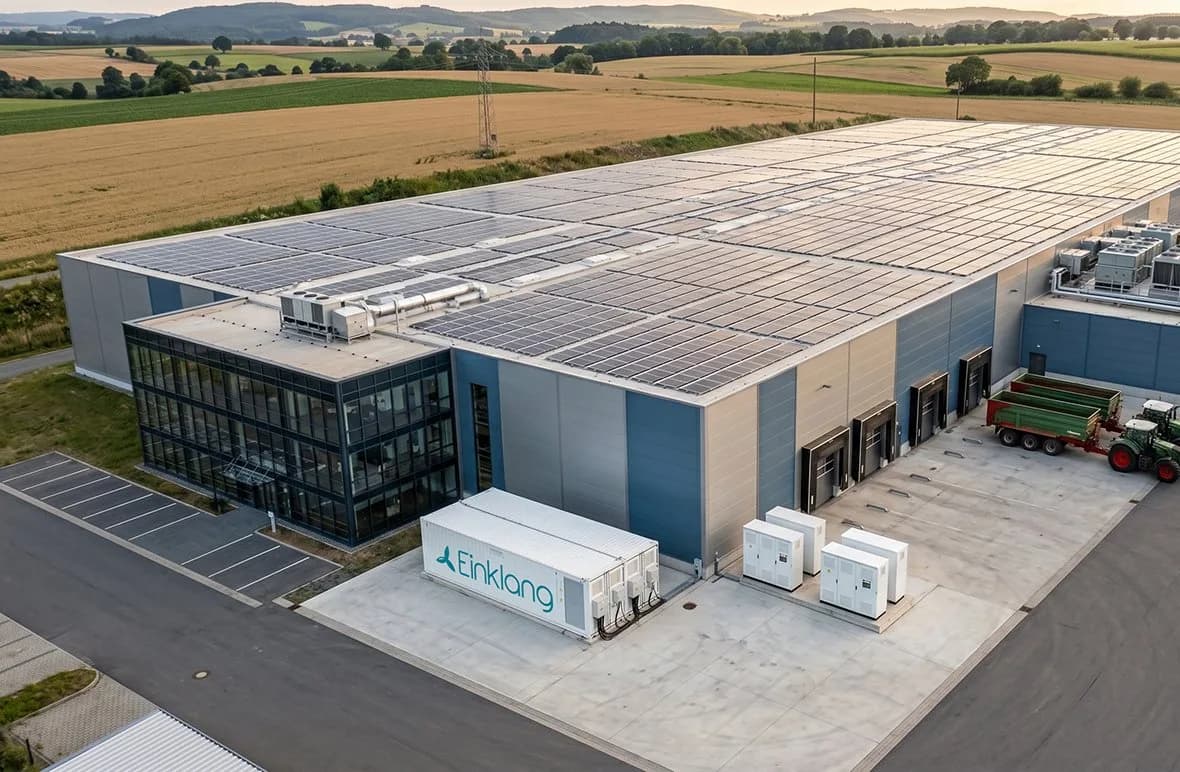 Luftaufnahme der Einklang-Halle mit Photovoltaik-Dach und gebrandetem Batteriecontainer